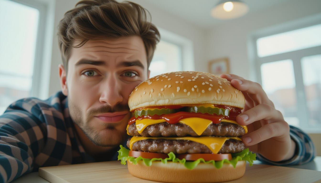Man Contemplates Eating Giant Hamburger in Cinematic Photo