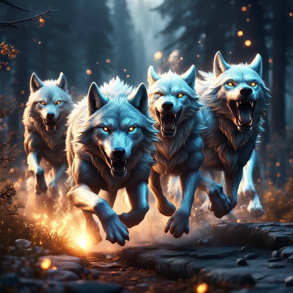 Glowing Silver Wolves Running, Fantasy Concept Art