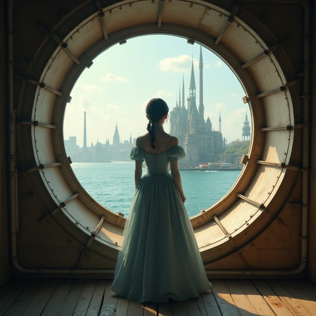 Steampunk Lighthouse Maiden Gazing at Oceanic Horizon