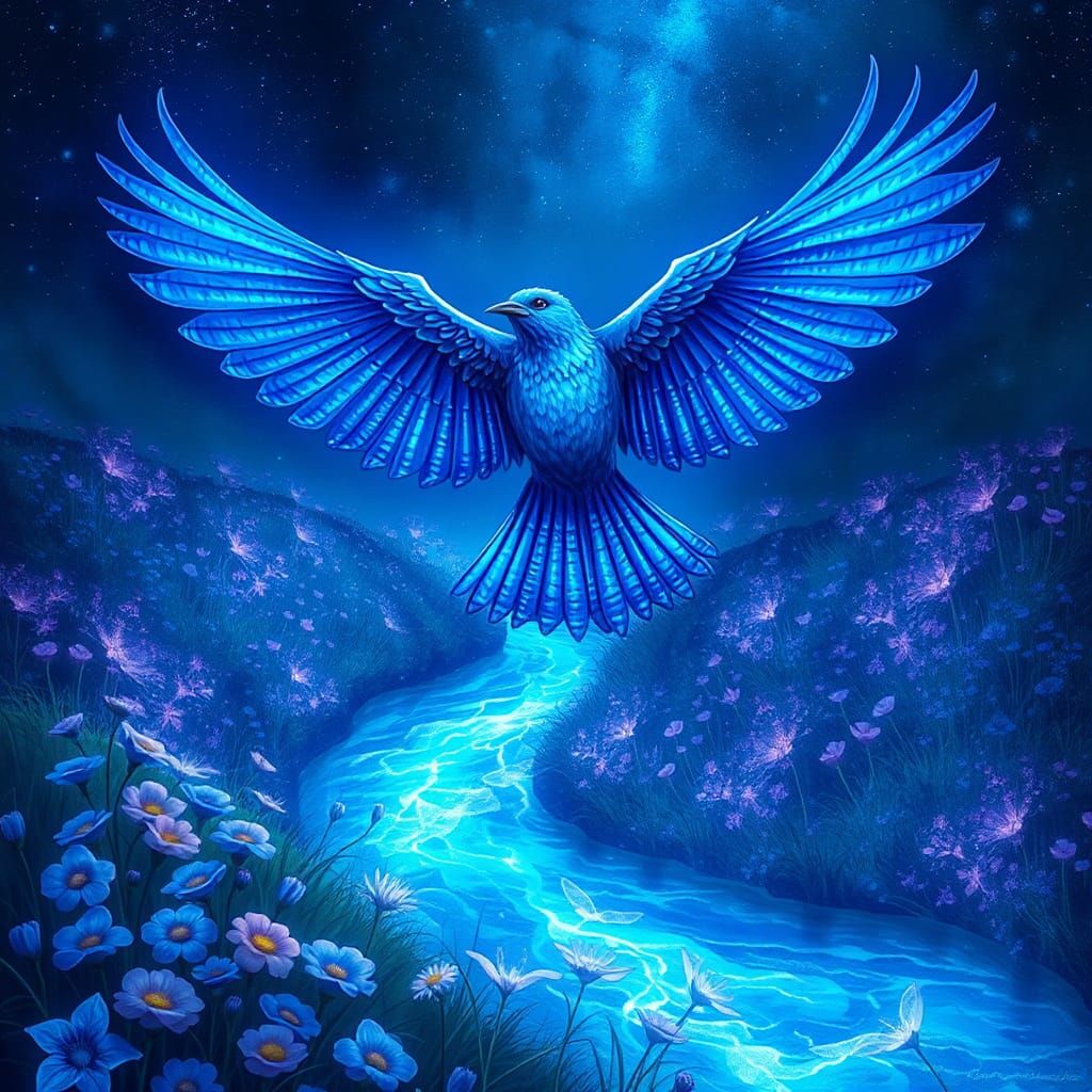 Blue Bird Soaring Over Glowing River: Cosmic Illustration