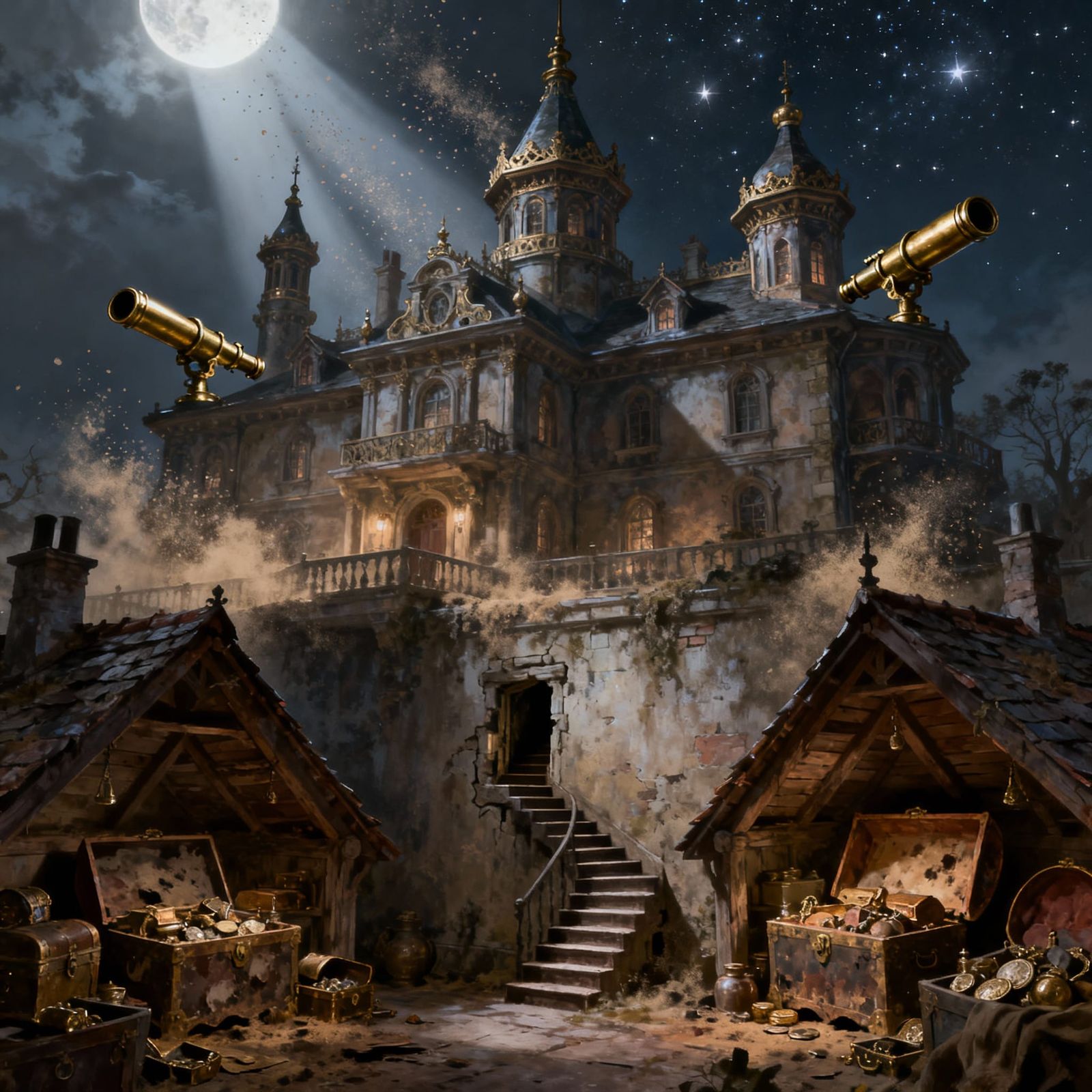 Grand Mansion Rooftop with Telescopes and Secret Stairs