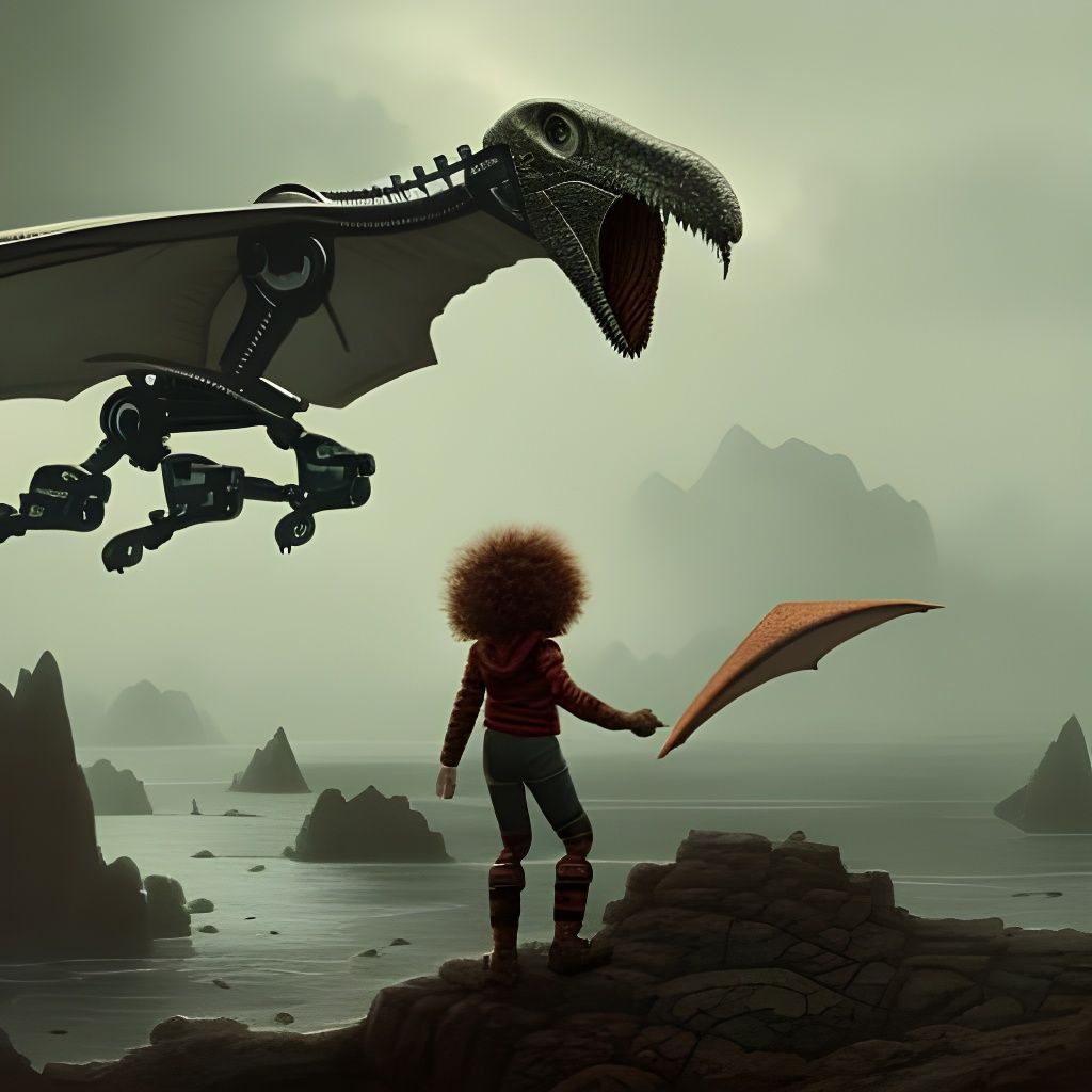 Little Orphan Annie riding on the back of a robotic pterodactyl, 8k resolution concept art detailed matte painting intri...