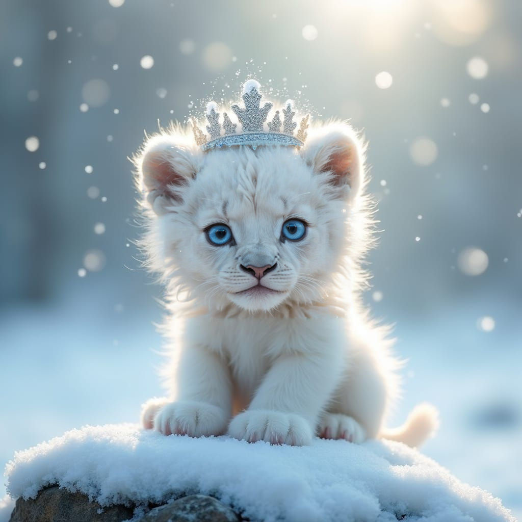 Winter Wonder: Fluffy White Lion on Snowy Rock