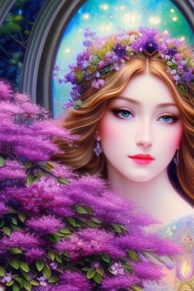 Azalea Fairy in Garden: Watercolor Art Nouveau Style