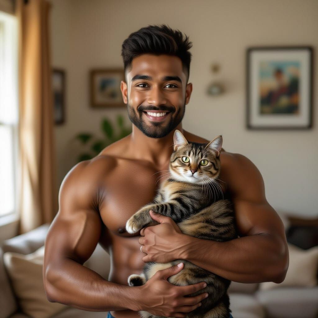 Muscular Sri Lankan Man Flexing With His Cat