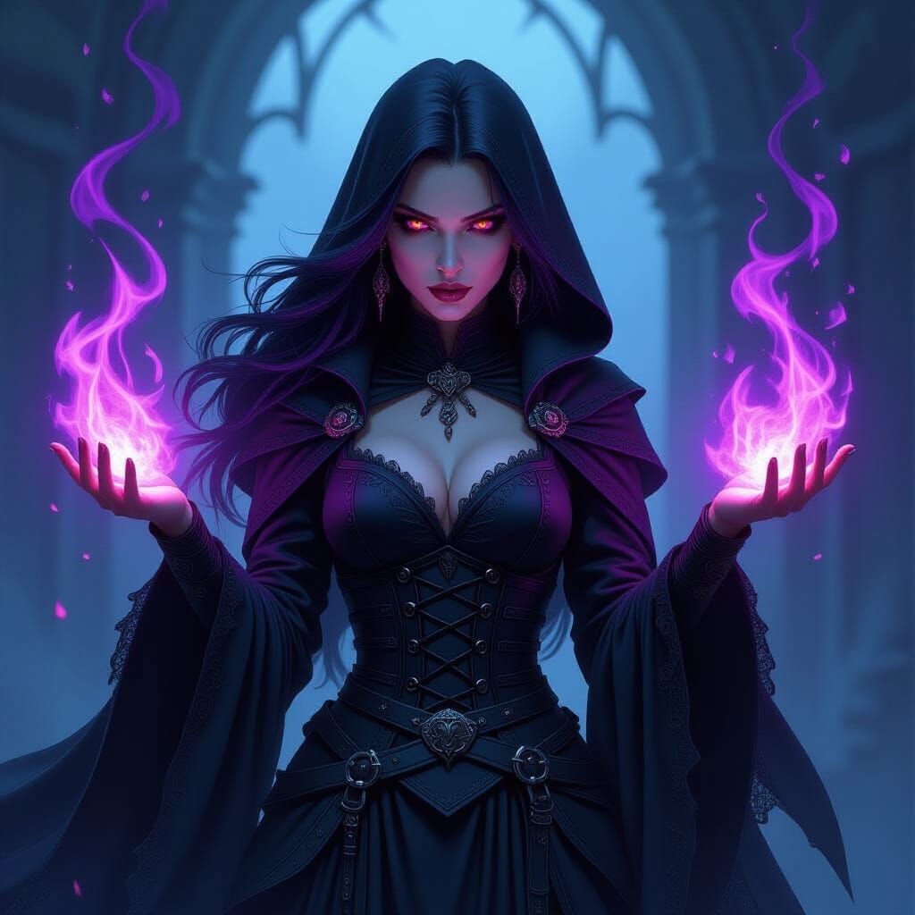 Sinister Warlock Conjures Purple Blue Flames in Dark Fantasy...