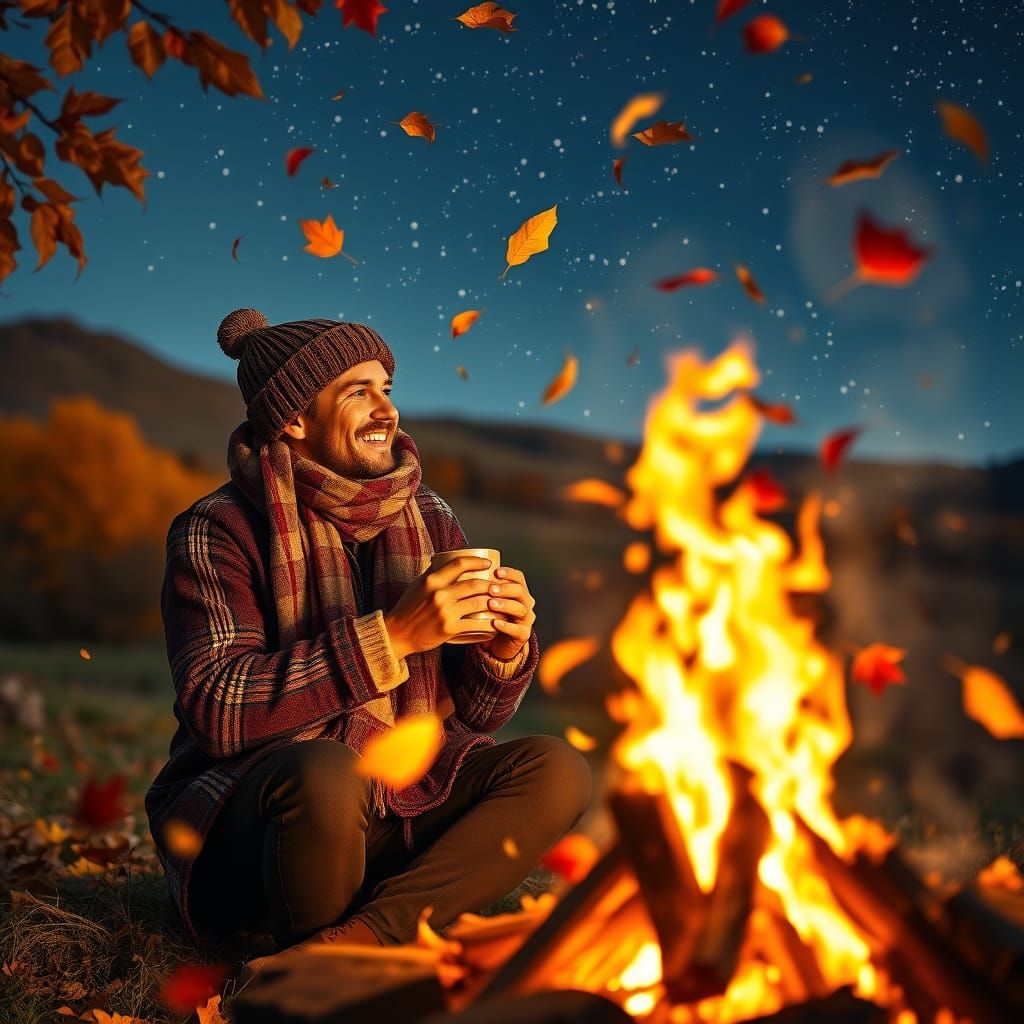 Cozy Autumn Bonfire Scene: Photorealistic and Cinematic