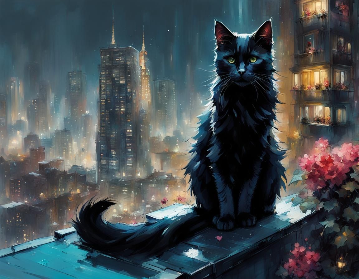 Sinister Black Cat in Goth Urban Garden