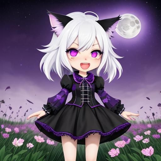Cute Chibi Catgirl in Flowery Field at Night