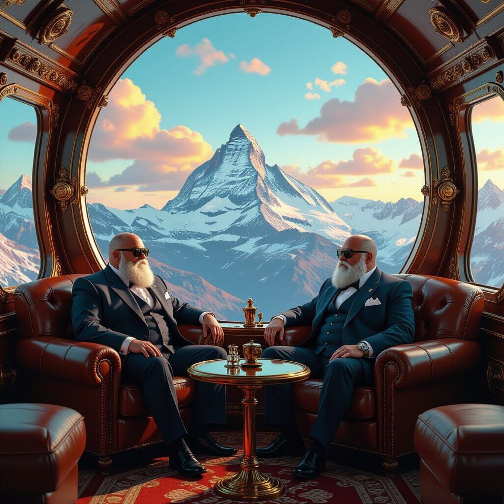 Steampunk Airship Lounge with Mountain View