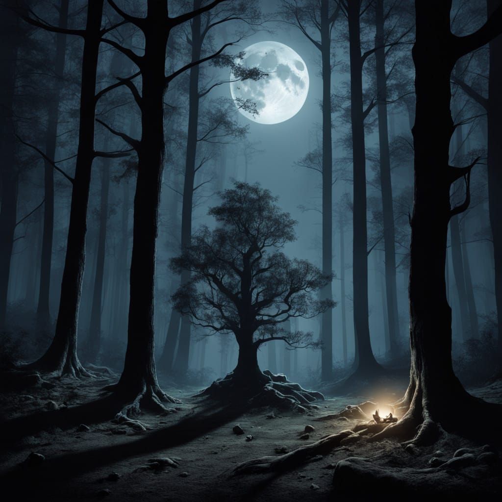 Ethereal Cradle in Moonlit Forest Scene