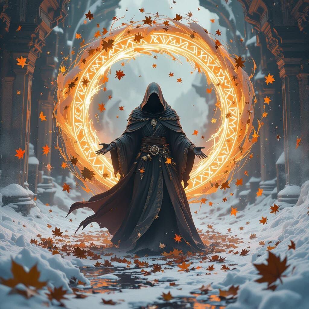 Mystical Figure in Leaf and Ice Tornado