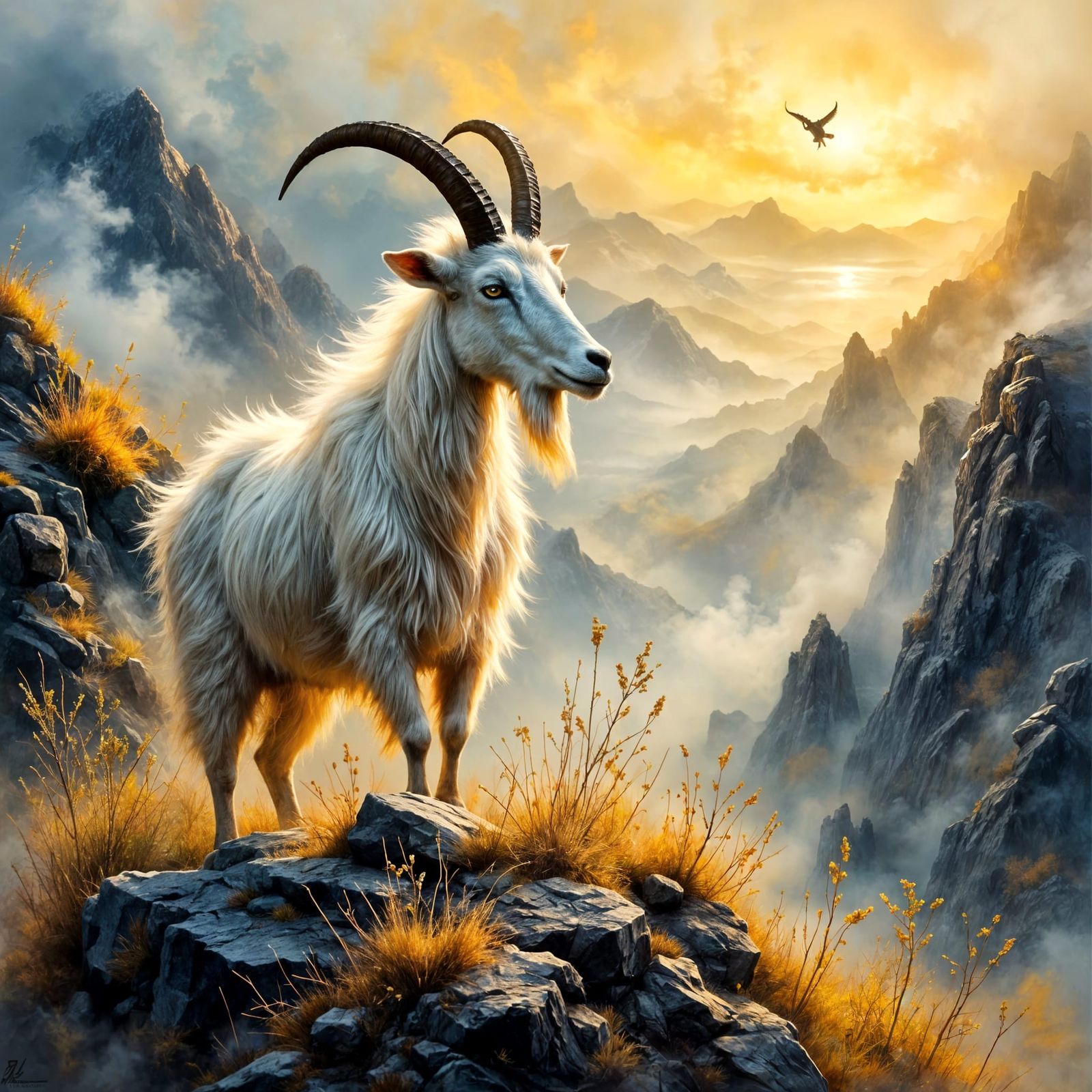 Majestic Mountain Goat at Sunrise in Grunge Impasto Style
