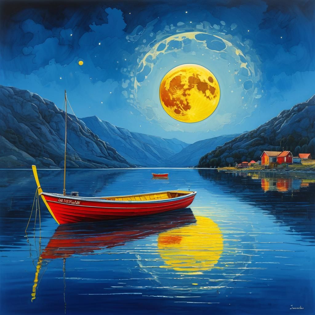 Red Boat on Lake Under Yellow Moon
