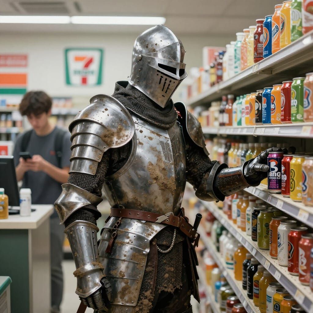 Knight in 7-Eleven Stares at Energy Drinks