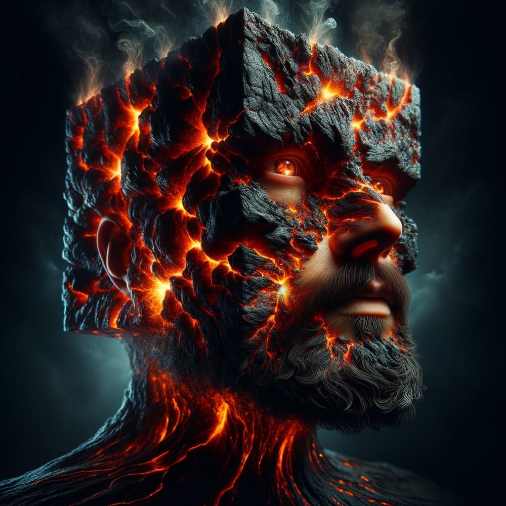 Man with Lava Cube Head: A Hyperrealistic Image