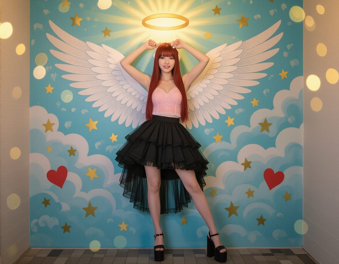 Japanese Woman with Angel Wings Mural in Street Art Style