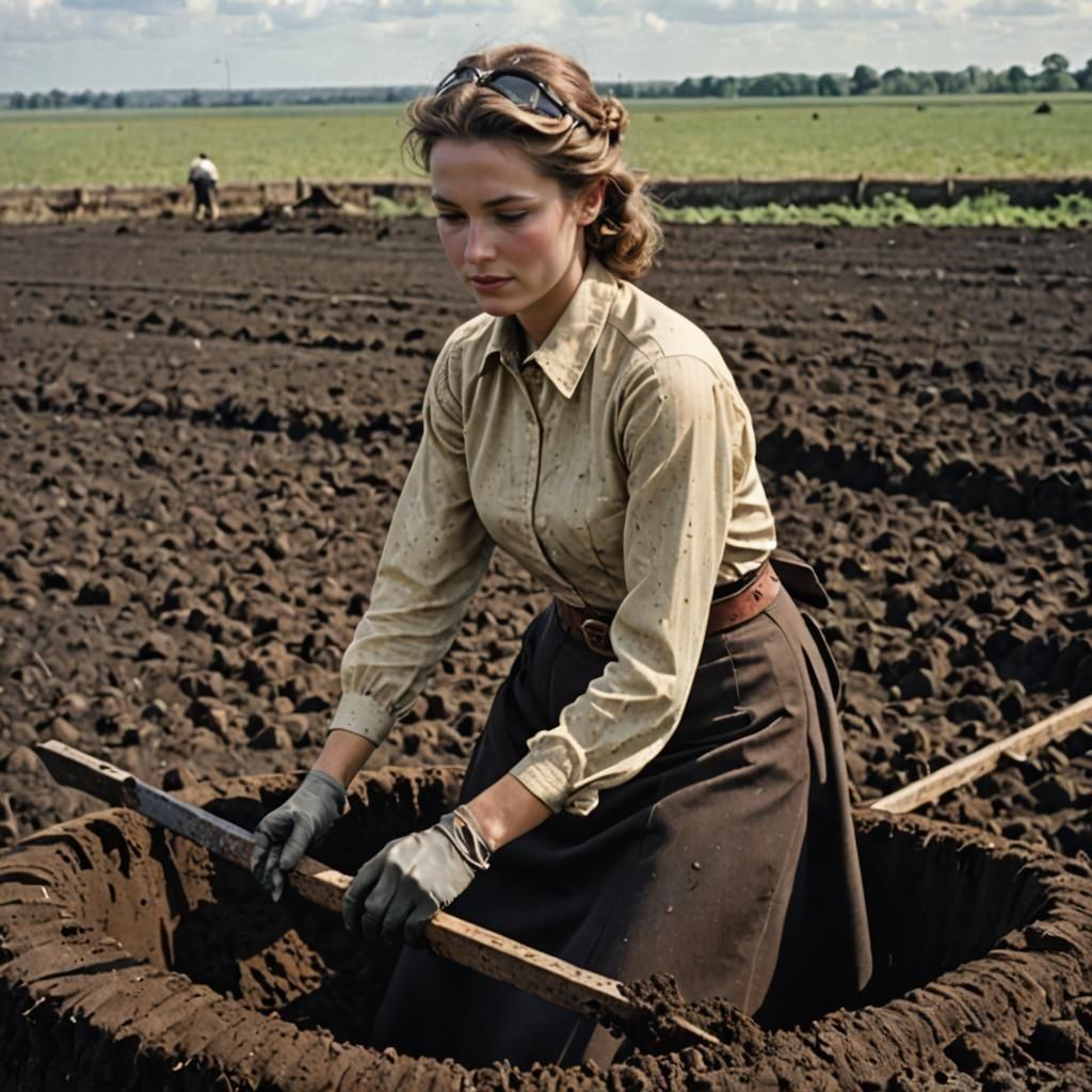 Peat Digging Scene Featuring Young Woman