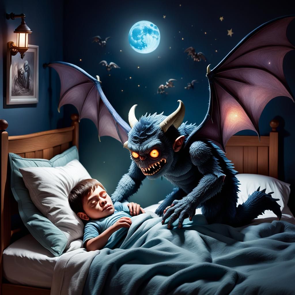 Surreal Dark Fantasy: Winged Monster Watching Child