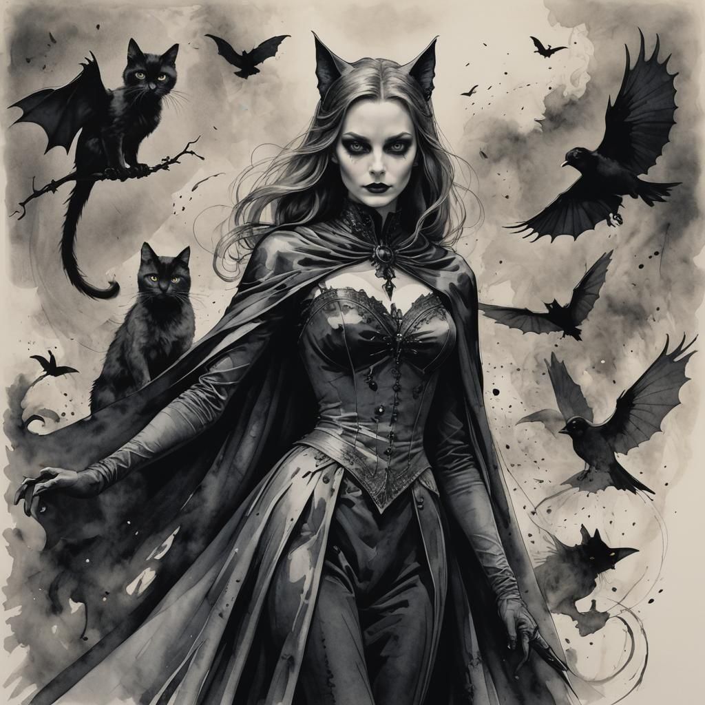 Gothic Spectre with Bats in Dark Illustration