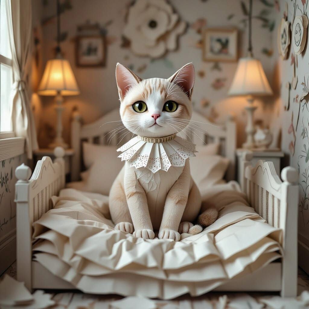 Paper Ragdoll Cat in Paper Bedroom, 4D Render