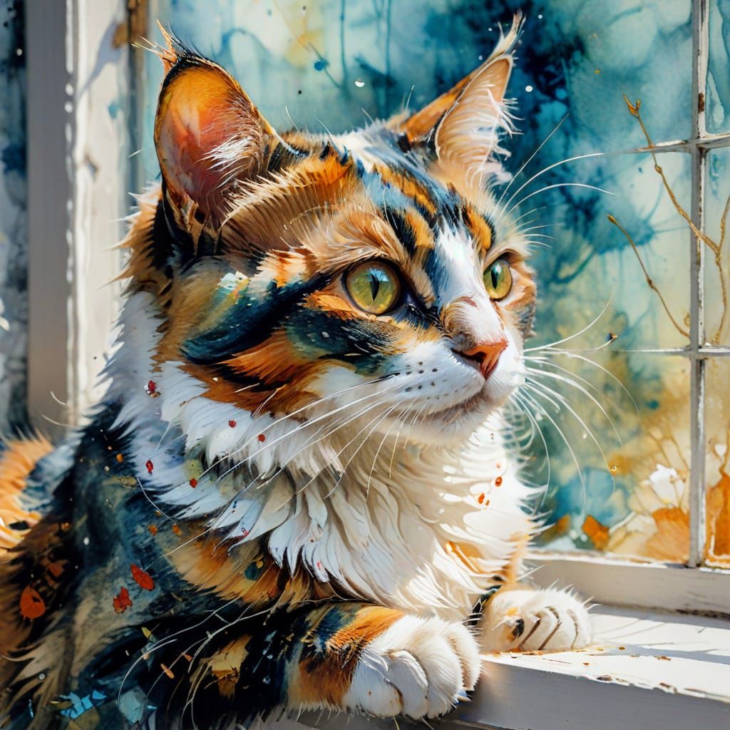 Whimsical Calico Cat at Windowsill in Impressionist Oil Pain...