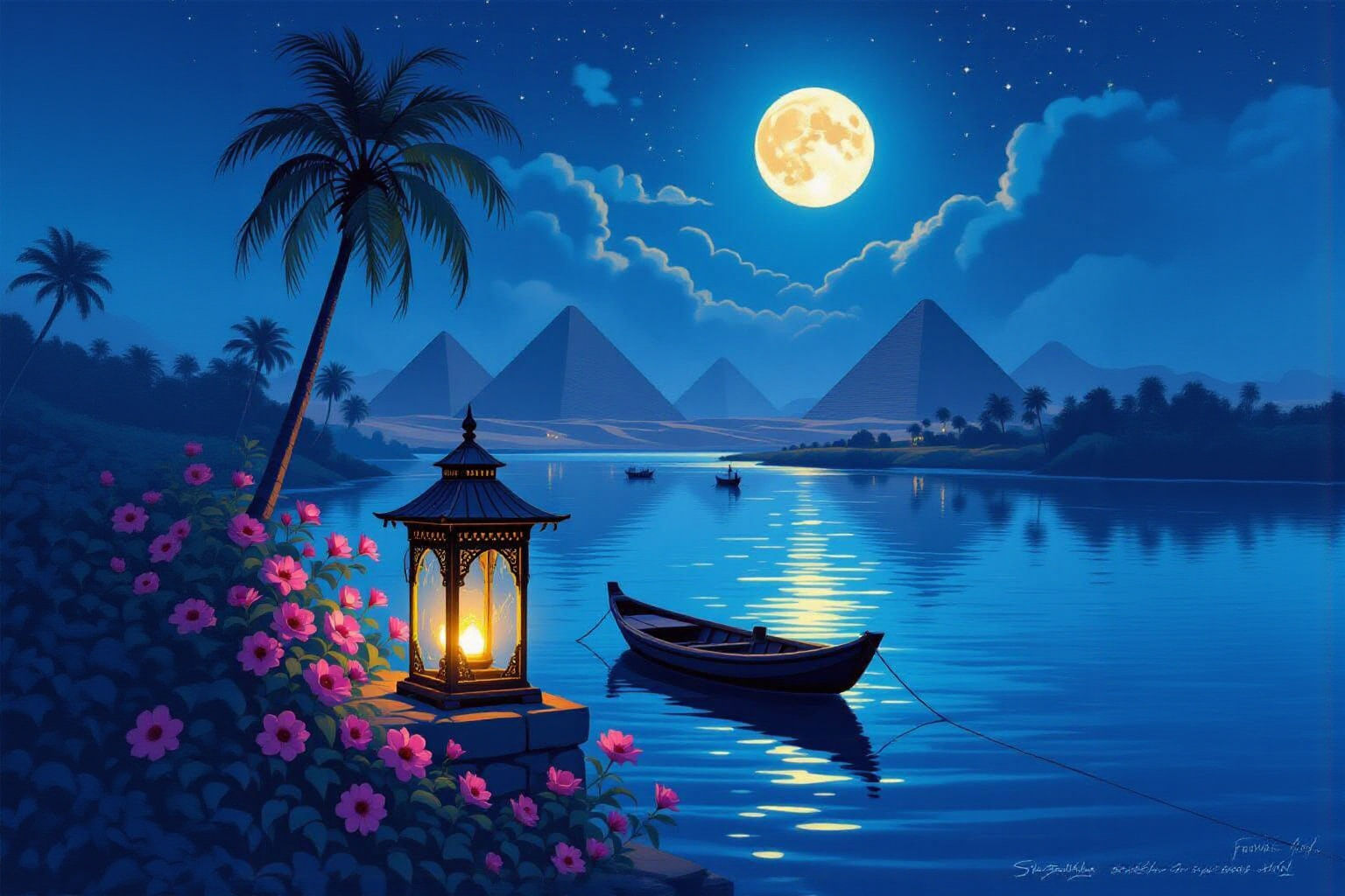 Lanterns and Flowers on the Nile at Night