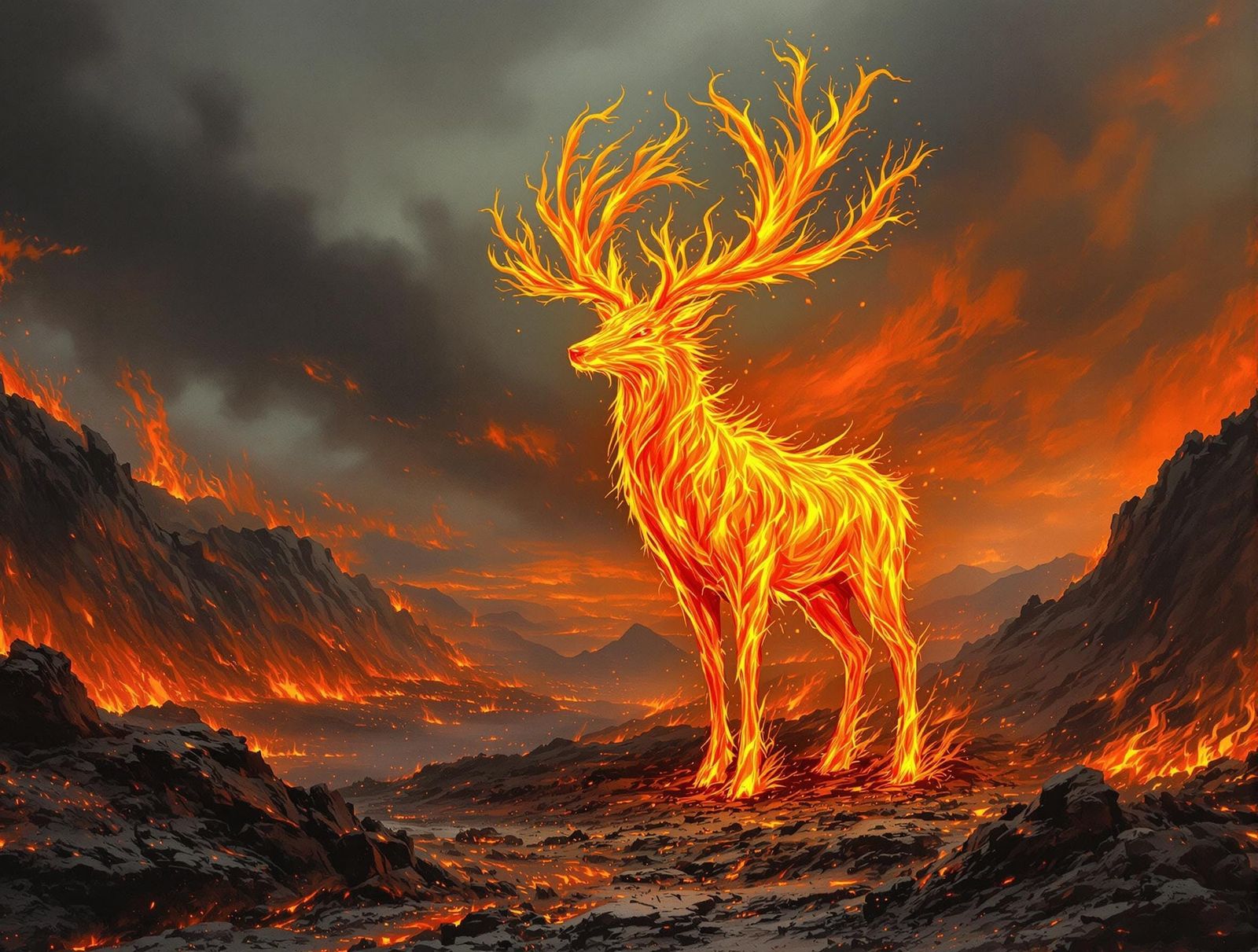 Fiery Stag in Hellish Landscape: Oil Painting