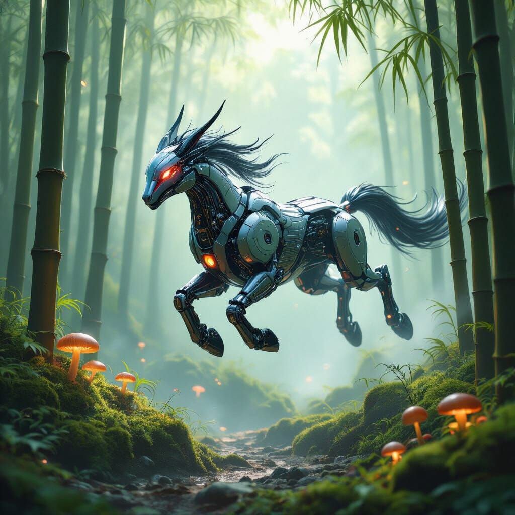 Cyborg Kirin Leaps Through Bioluminescent Bamboo Forest