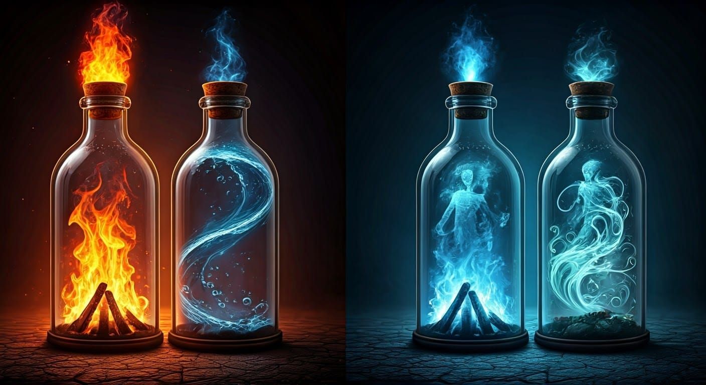 Surreal Element Spirits in Glass Bottles in a Cinematic CGI...