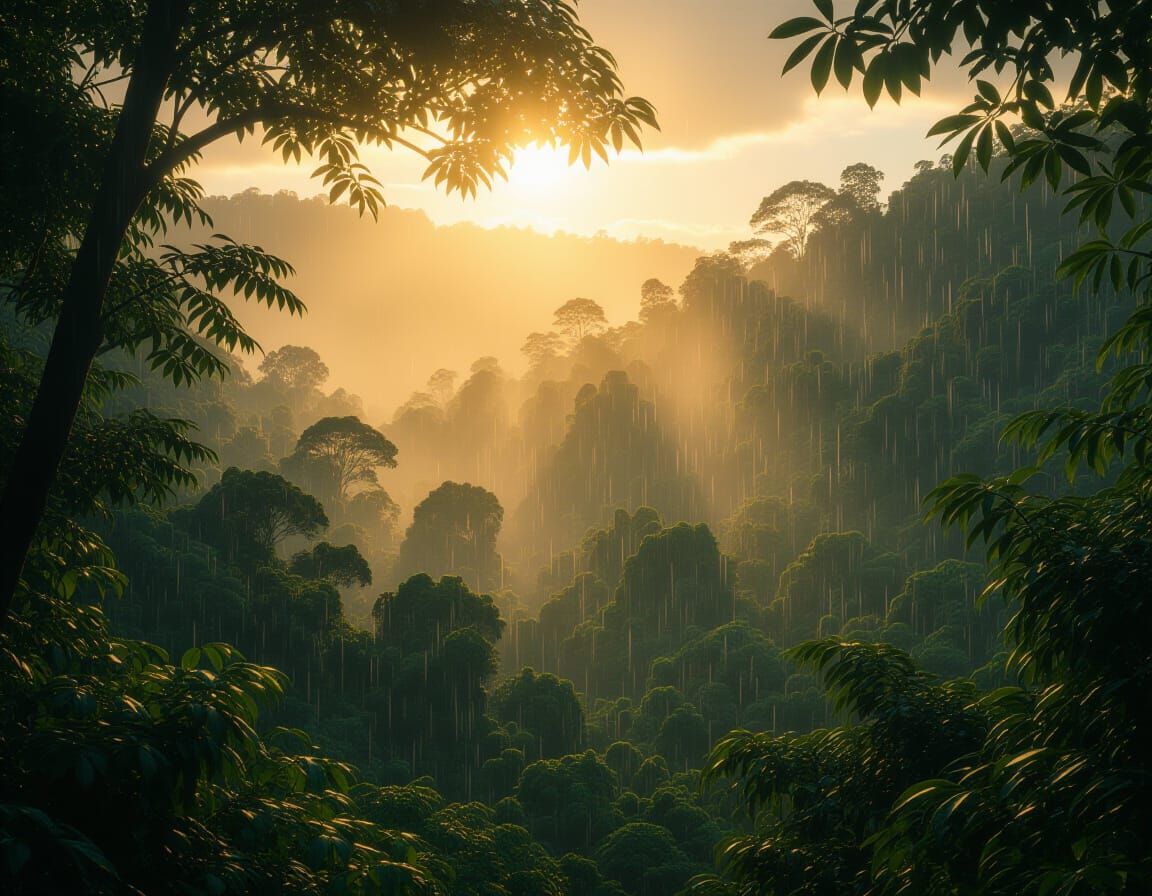 Golden Hour Rainforest Rain Cinematic Film Still