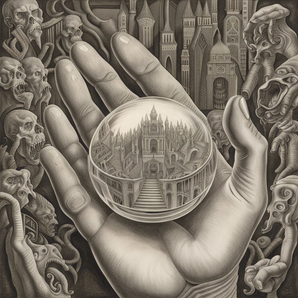 Demonic Hand Holding Orb in Escher-esque Drawing