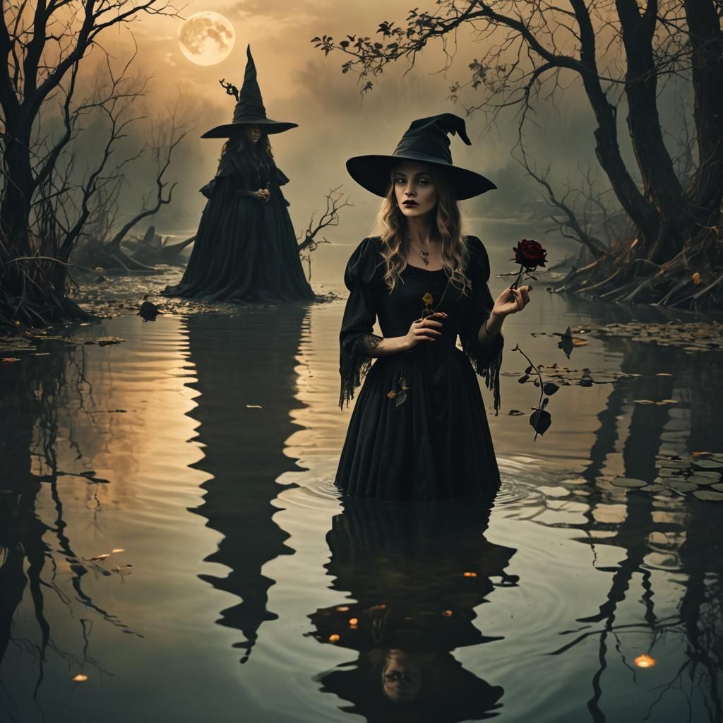 Mystical Witch Gazing at Reflection in Dark Fantasy Art