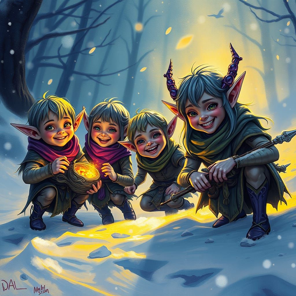 Elf Family Joyfully Playing in Snowy Landscape