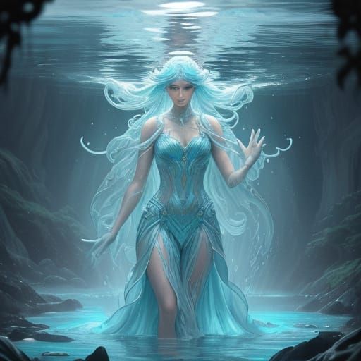 Semi-Transparent Water Elemental Goddess in Vibrant Underwat...