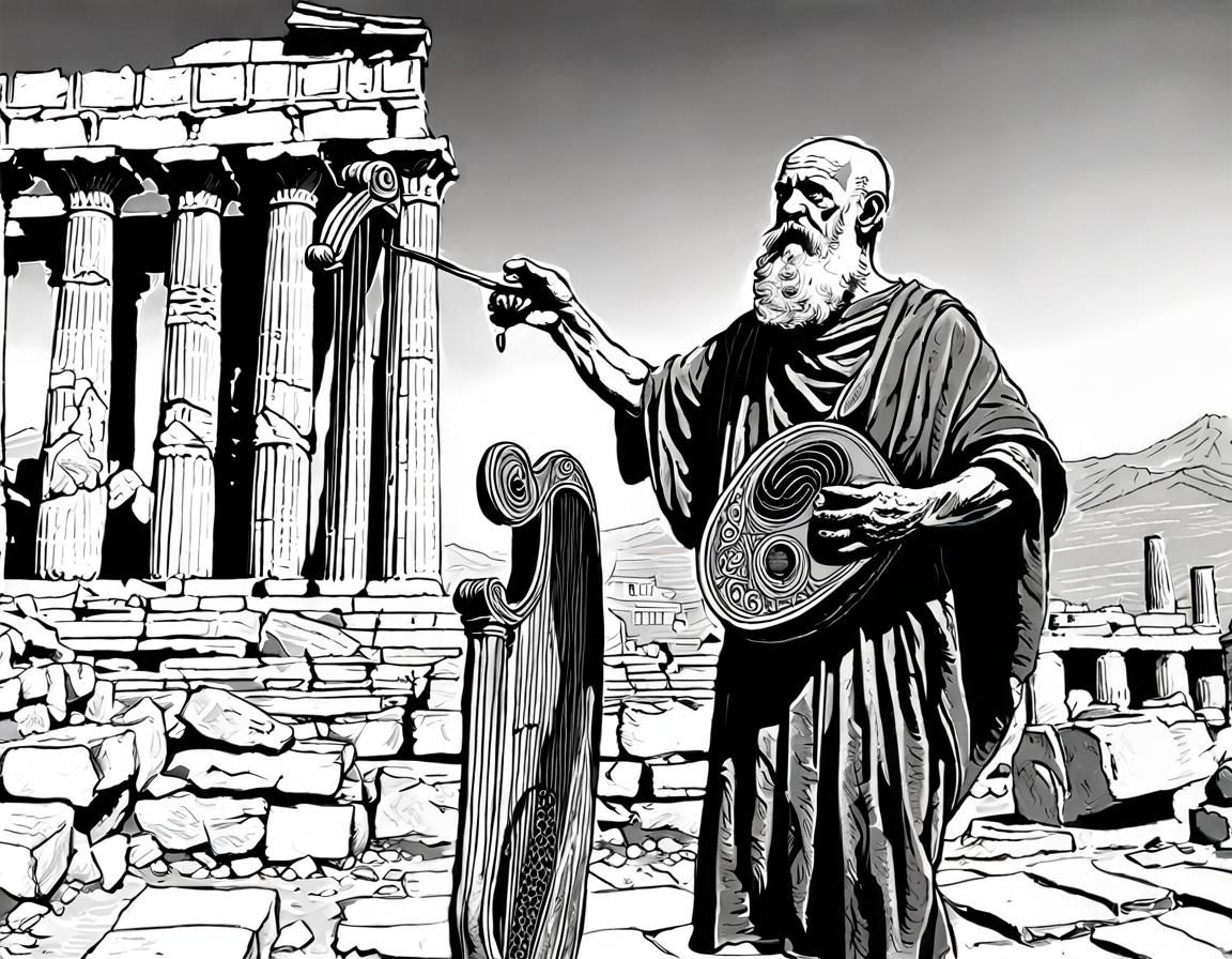 Greek Bard Sings at Ruined Temple, Ink Drawing