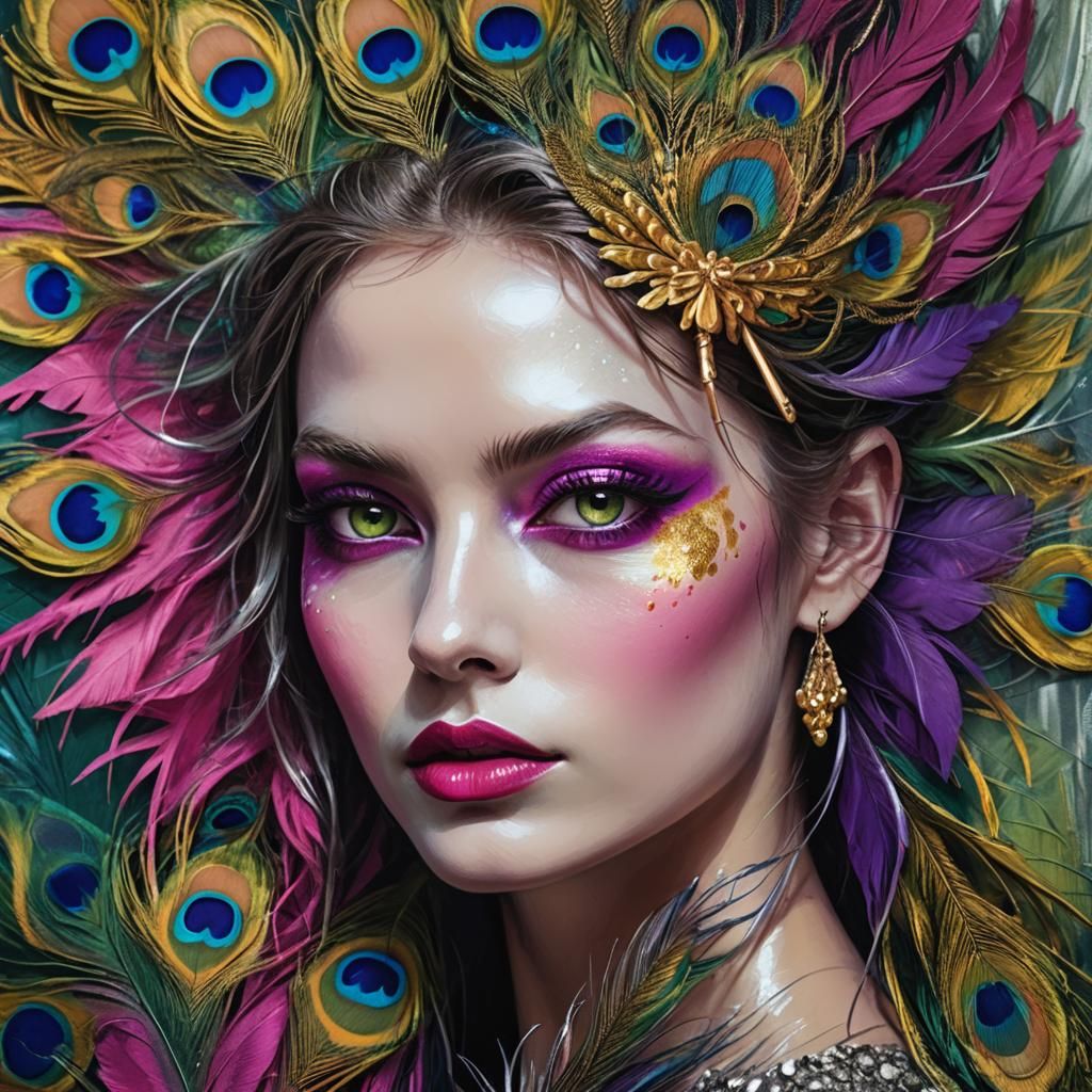 Peacock Haired Woman Portrait in Abstract Expressionism