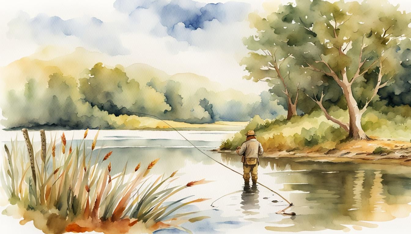 Watercolor Fly Fishing on English Country Lake