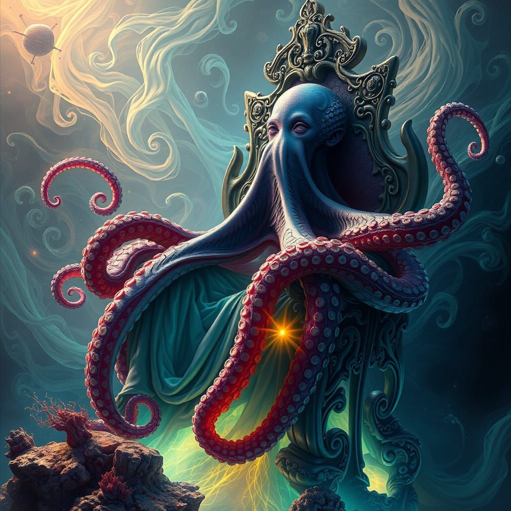 Surreal Biomechanical Queen Reigns Over Glowing Coral Reef