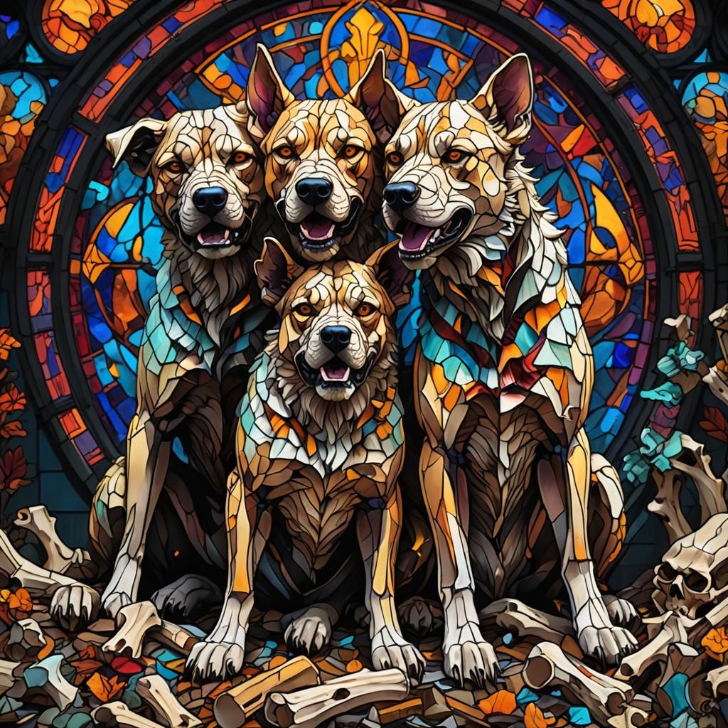 Neon Stained Glass Cerberus on Bone Pile