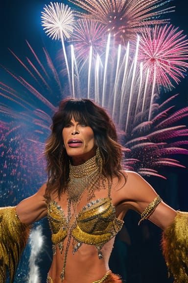 Hyperrealistic Singer Onstage with Fireworks and Neon Lighti...