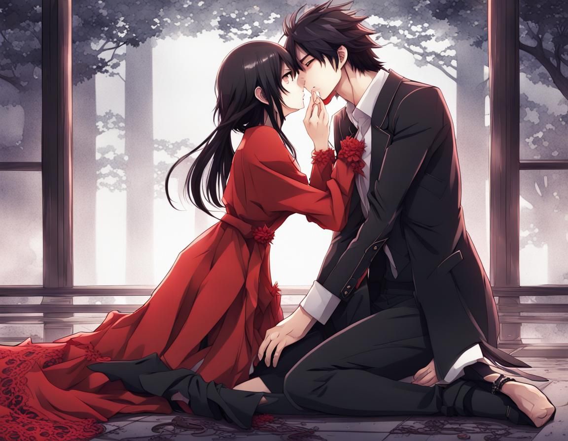 Romantic Anime Kiss in Manga Style