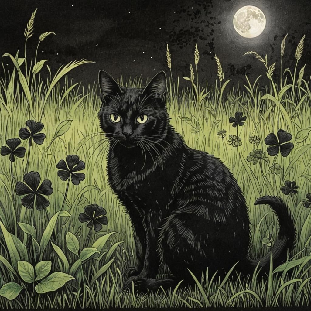 Black Cat in Moonlight: Intaglio Style Illustration