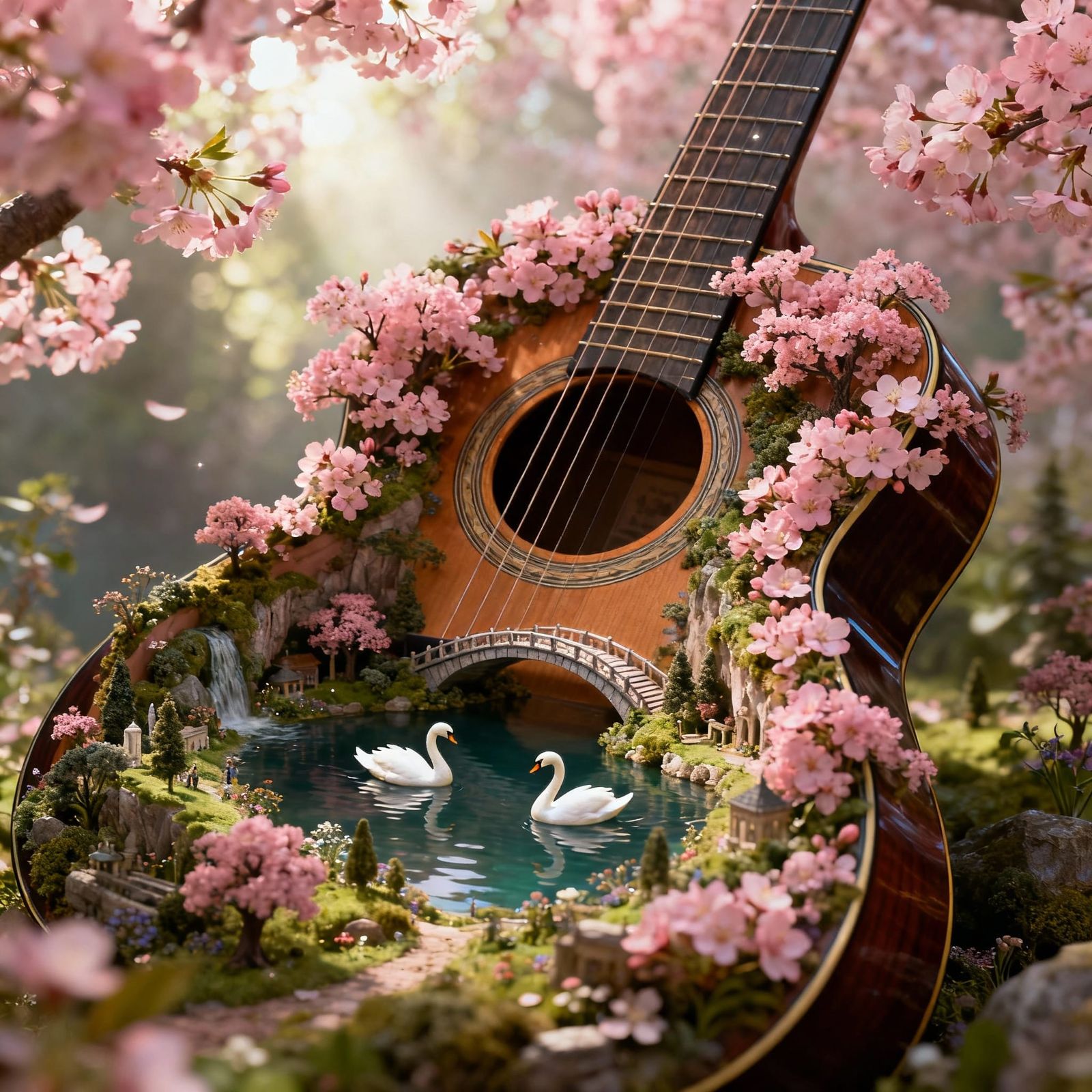 Acoustic Guitar Diorama With Cherry Blossoms and Swans
