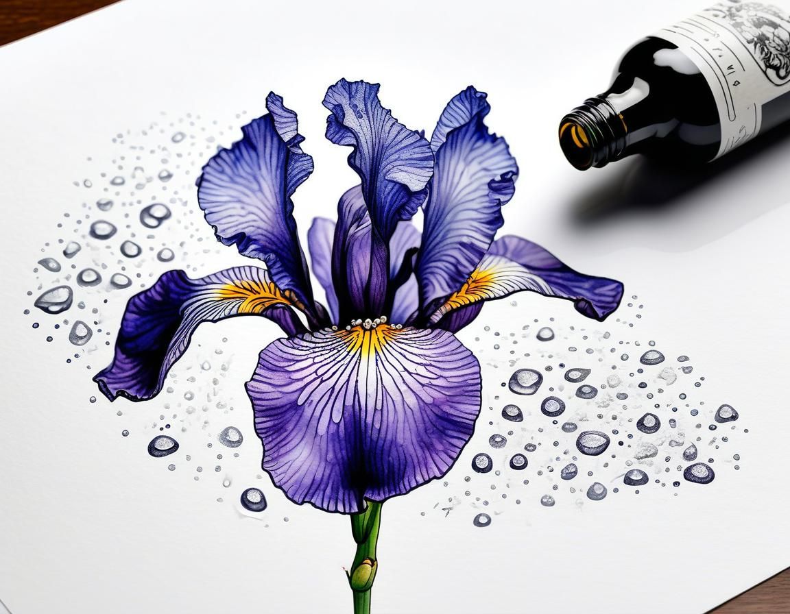 Hyperdetailed Ink Drawing of Dewy Iris Flower