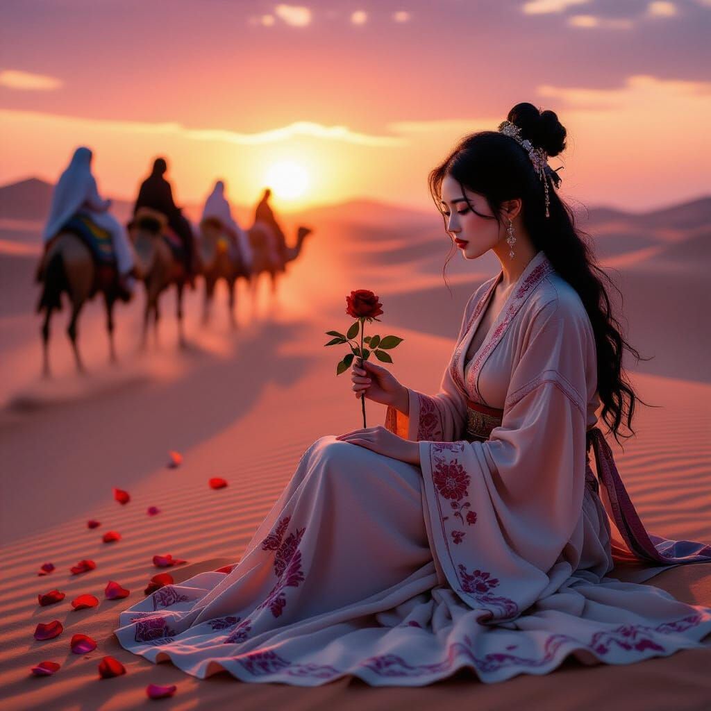 Pre-Raphaelite Woman with Rose in Desert Twilight