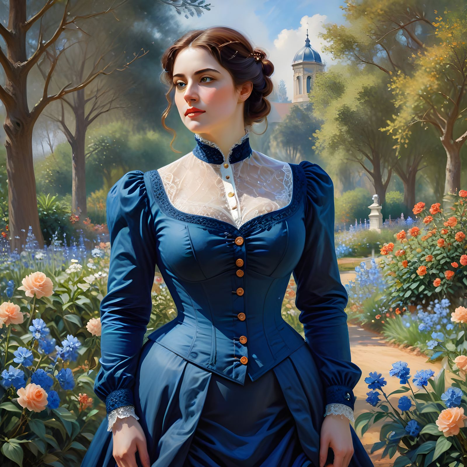 Elegant Victorian Beauty in a Serene Botanic Garden