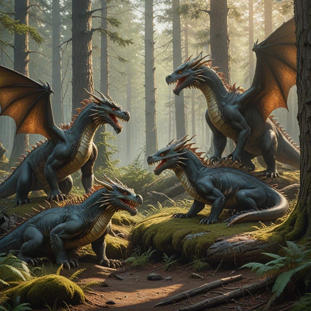 Three Dragons in Forest, Russian Realism Oil Painting