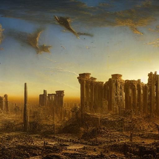 Rotten Desert City Sunset: Surreal Oil Painting