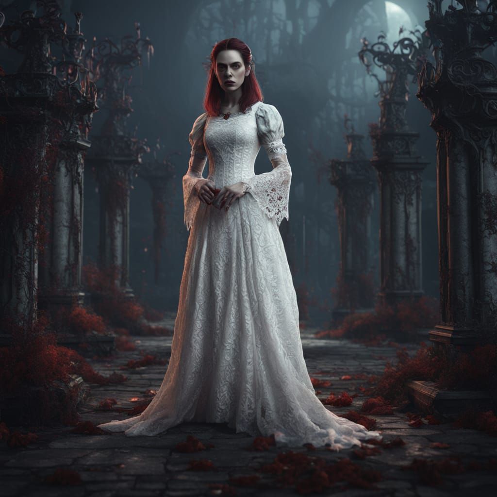 Elegant Female Vampire in White Lace Dress